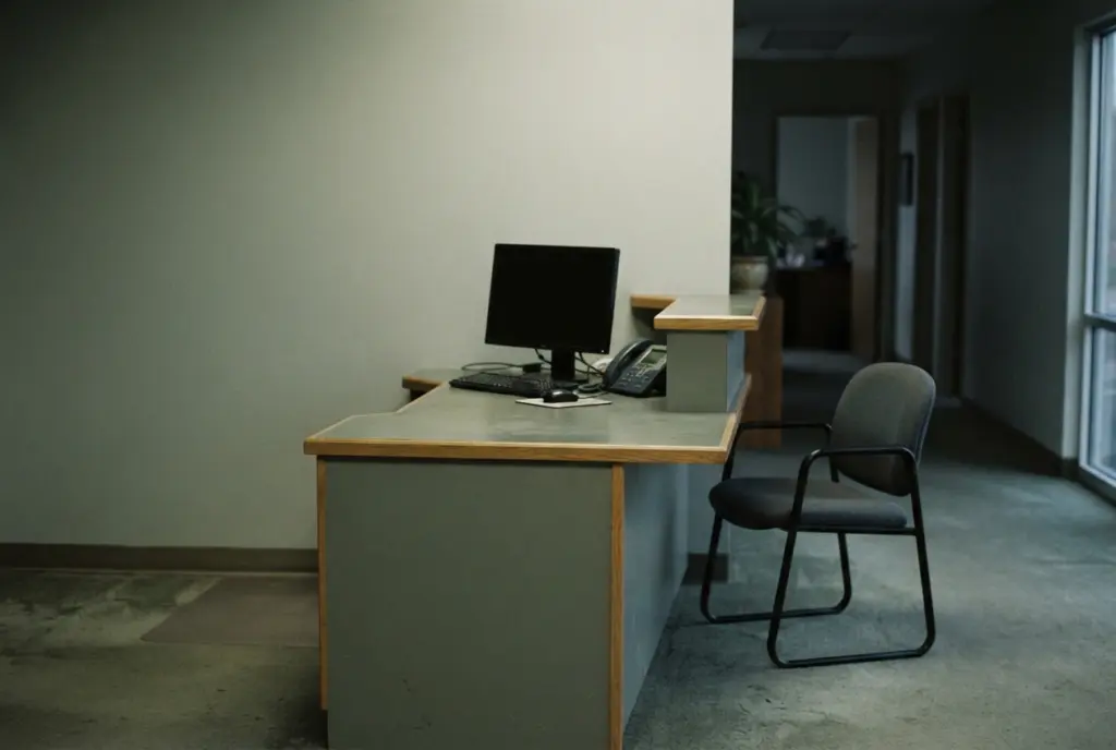 Empty reception desk with a computer and desk phone in a dim office