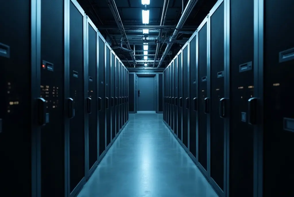 Empty data center aisle between rows of closed server cabinets, cable trays overhead