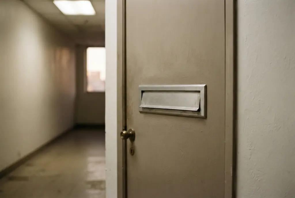 Office door with a closed mail slot at the end of an empty hallway