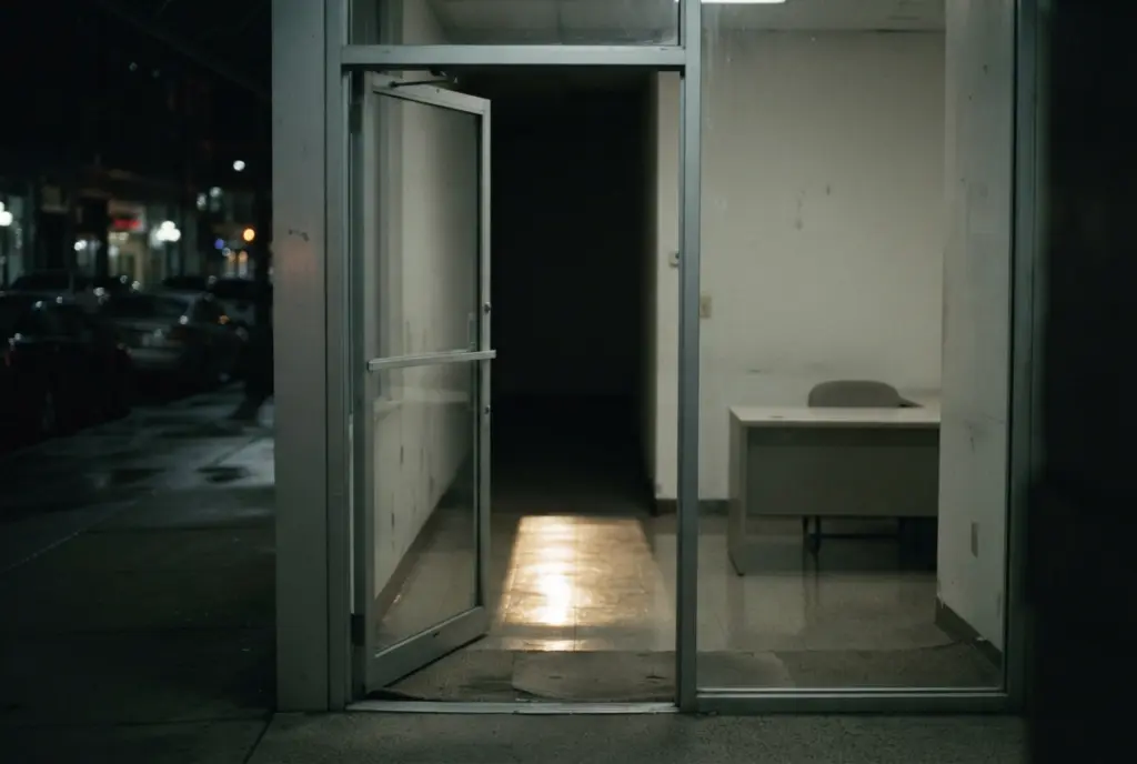 Glass door left open on an empty, dimly lit office at night