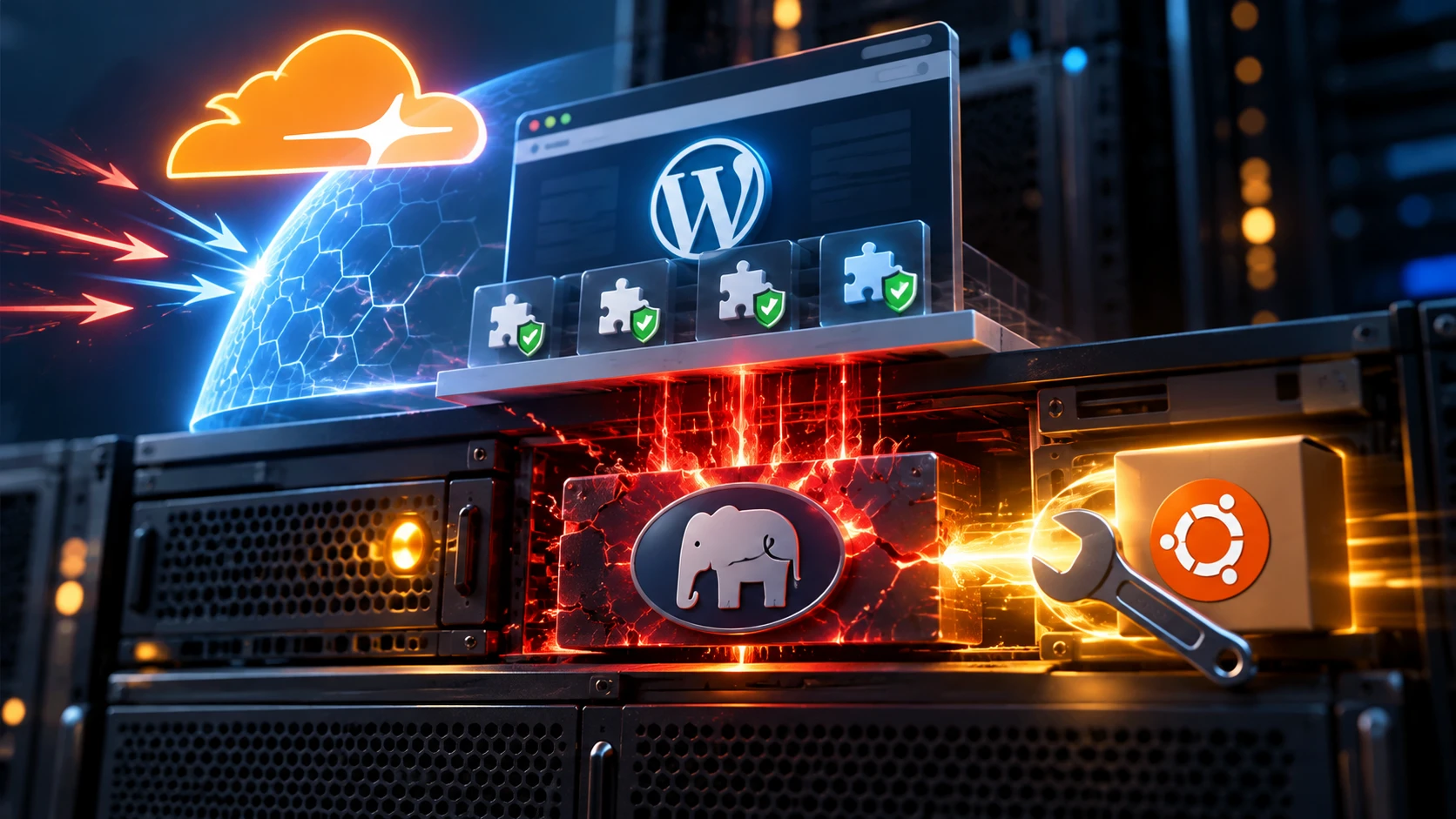 Illustration of a WordPress site with patched plugins sitting on a server whose PHP layer is cracked, while a Cloudflare shield deflects attacks and an Ubuntu package with a wrench brings the fix