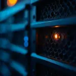 Close-up of a server front panel with one amber alert light behind the ventilation mesh