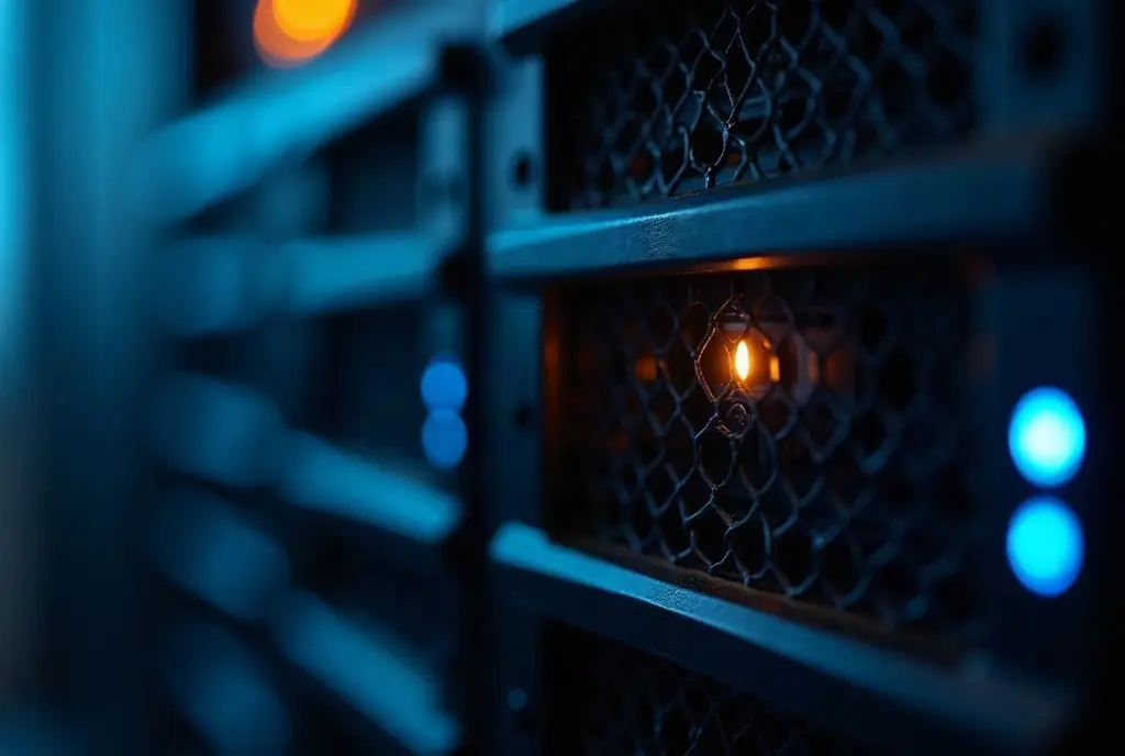 Close-up of a server front panel with one amber alert light behind the ventilation mesh