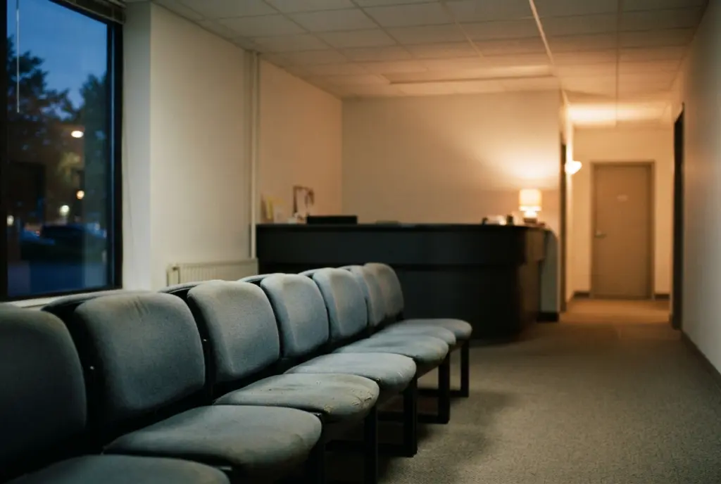 Empty clinic waiting room with rows of chairs and a reception desk at dusk