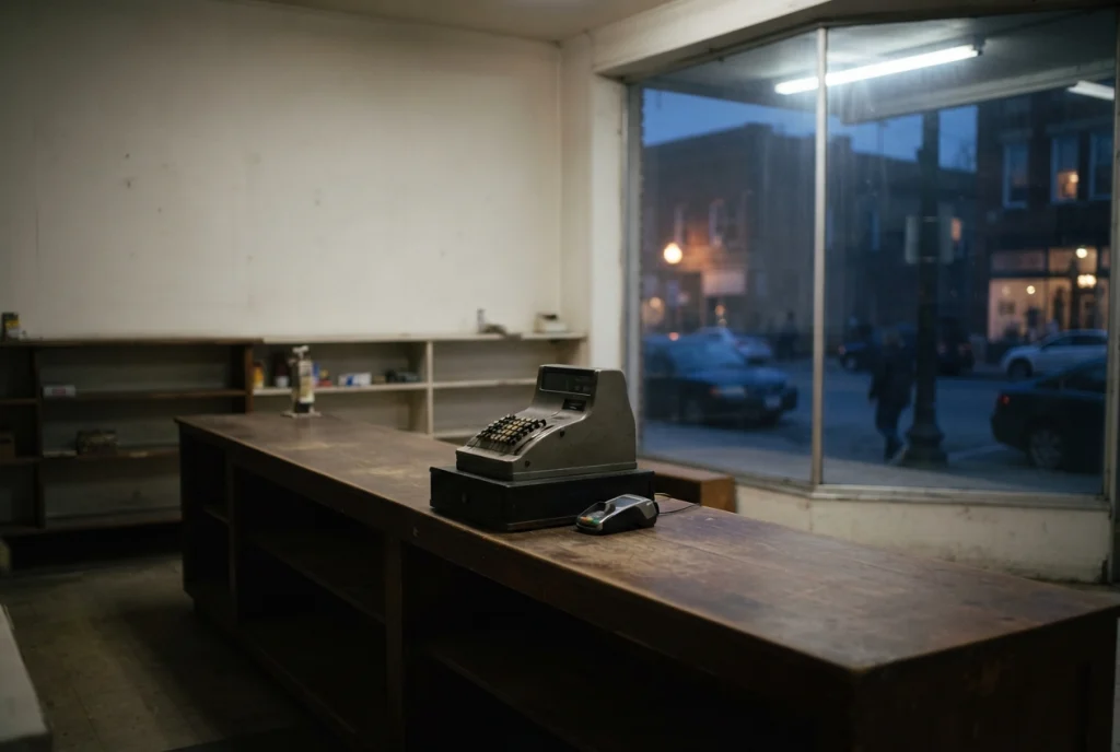 Closed shop counter with an old cash register at dusk