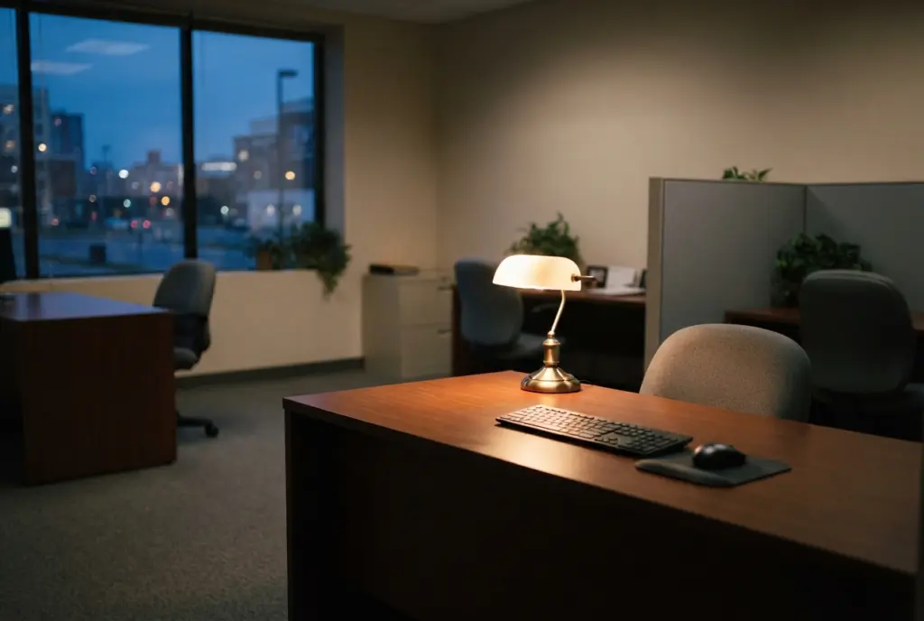 Empty office desk with a lamp and keyboard, city lights through the window at night