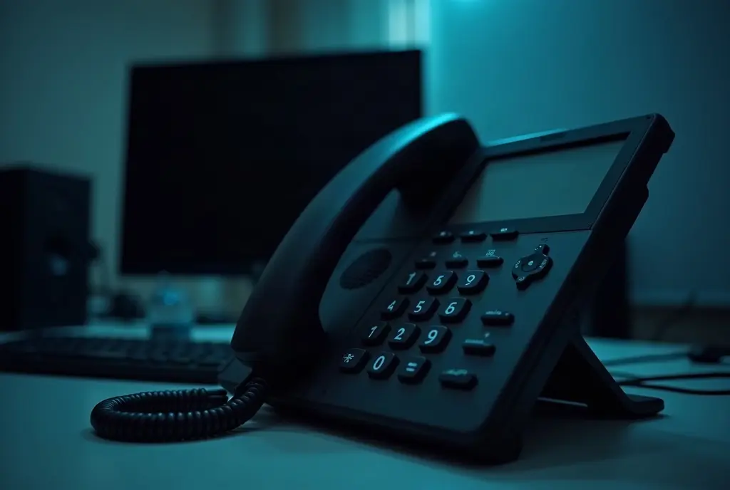 Office desk phone in a dark room, handset in its cradle, a monitor behind it