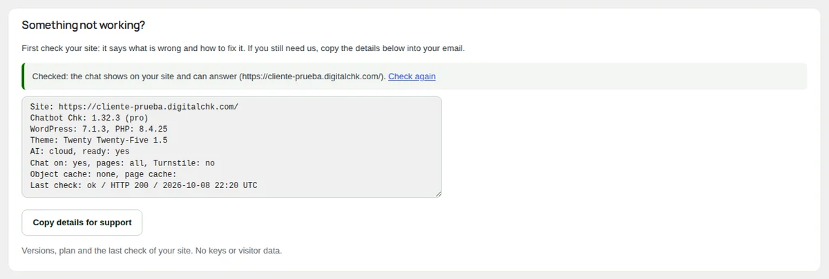 About: the check of your site and the details for support.