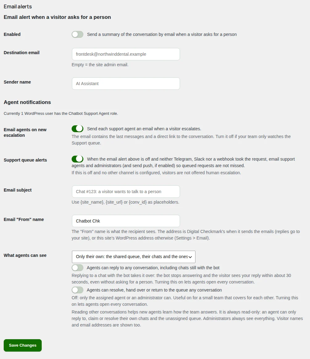 Email alerts and what agents can see, at the bottom of Agents.