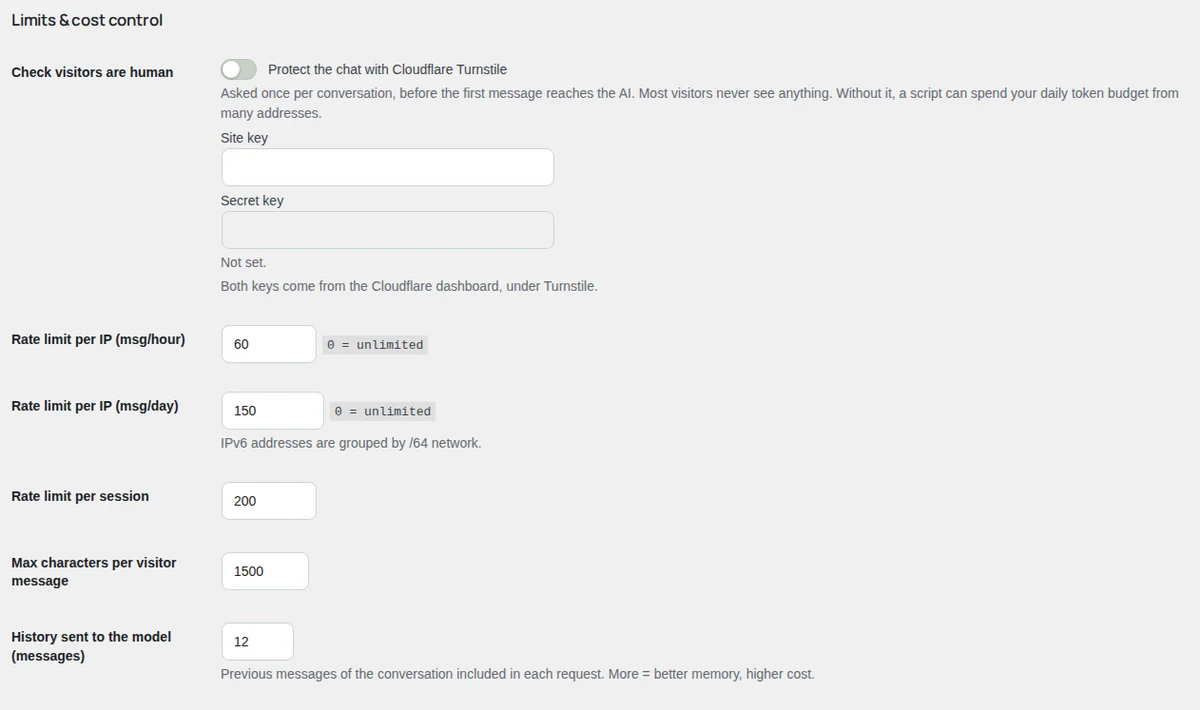 Settings: Cloudflare Turnstile and the limits.