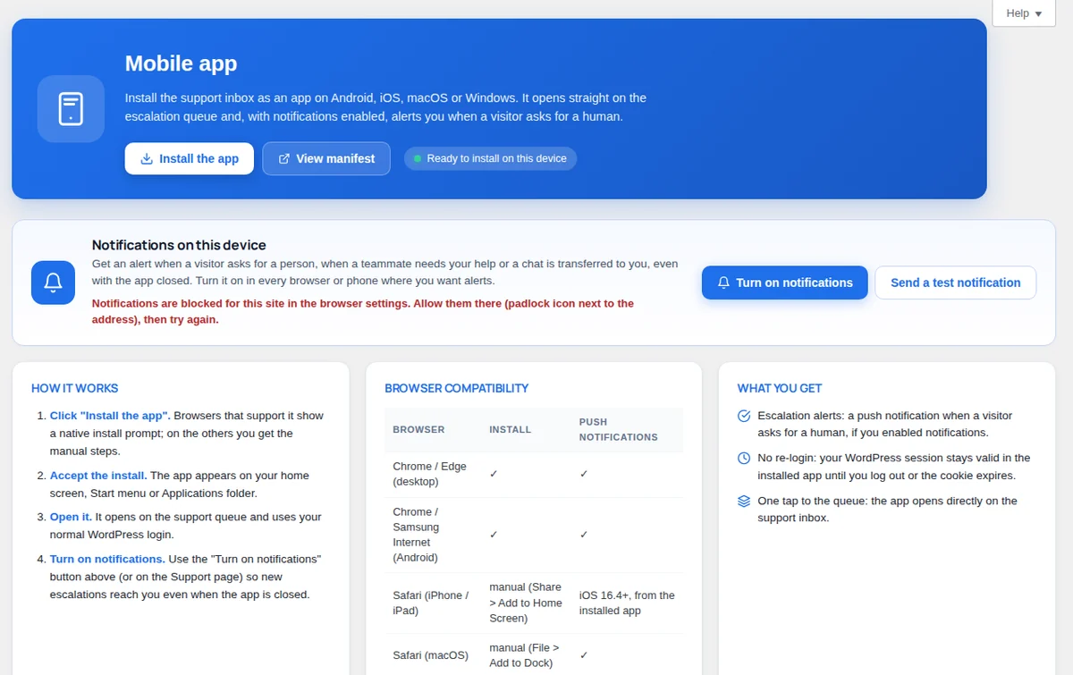 Mobile app: install the Support Inbox on a phone or computer.
