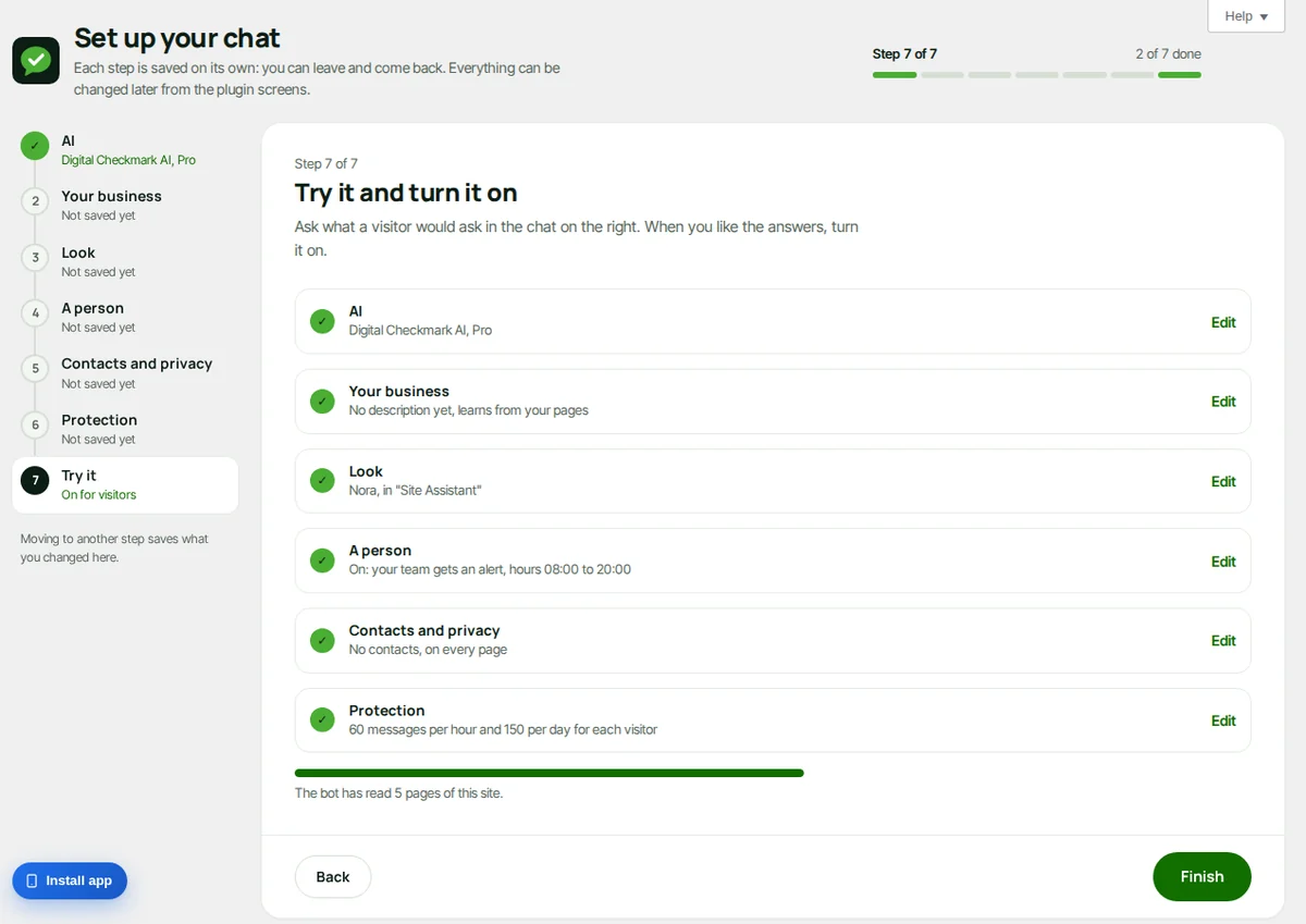 Step 7: the summary and the chat to try it.