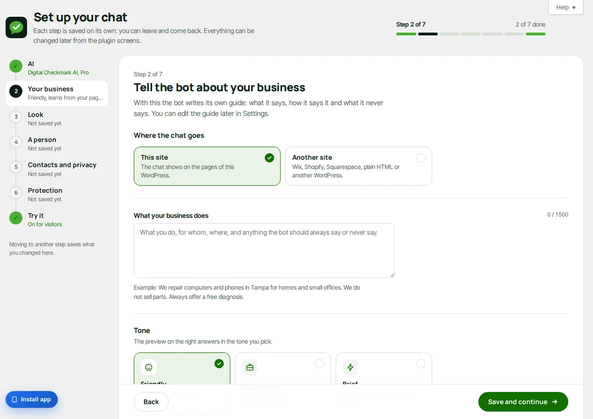 The setup assistant, on the step about your business.