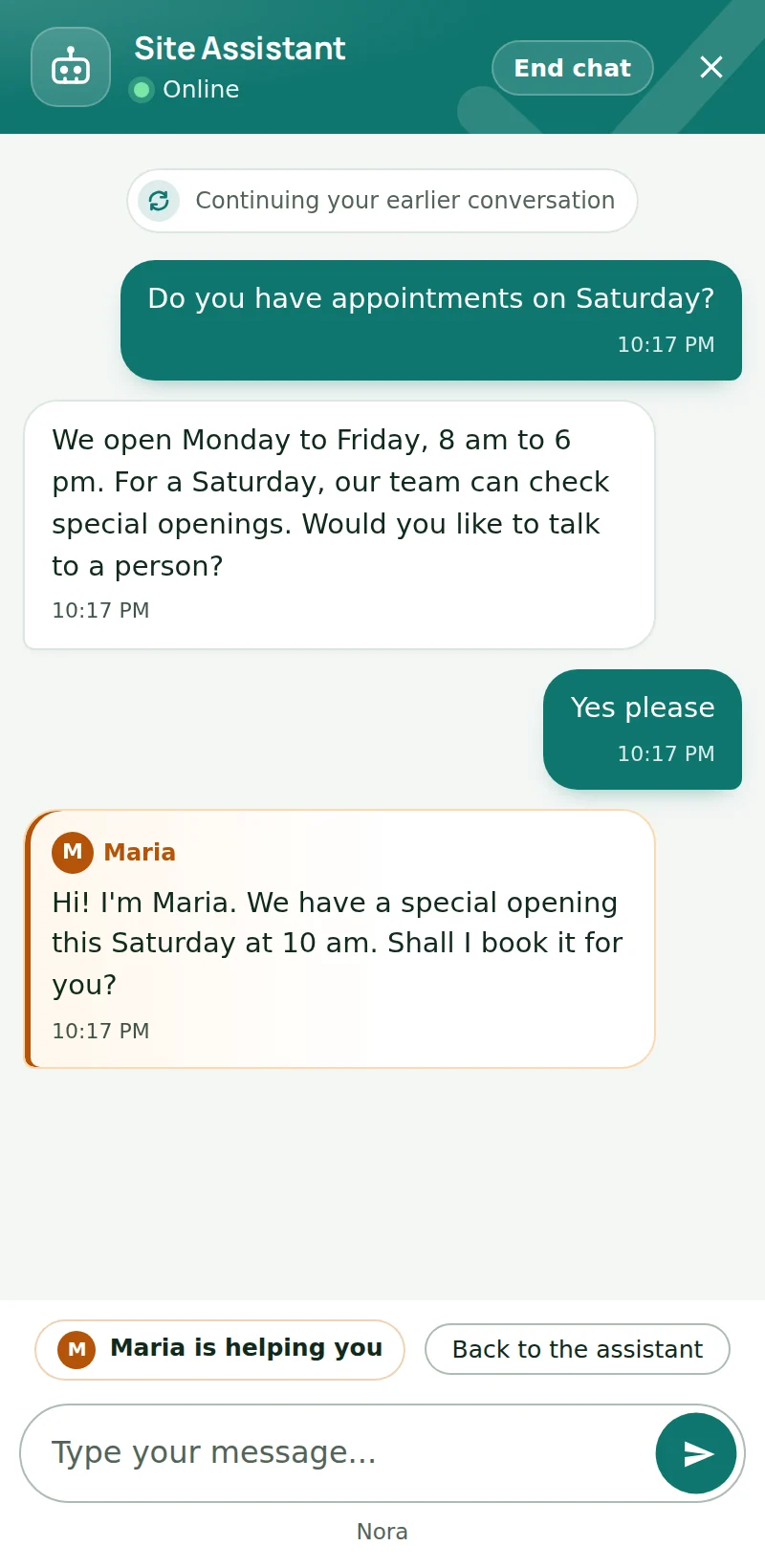 The chat on a phone: the bot answers, and a person takes over when the visitor asks.