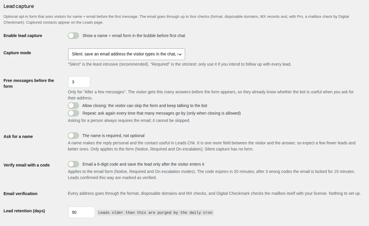 Settings: lead capture, with its modes and options.