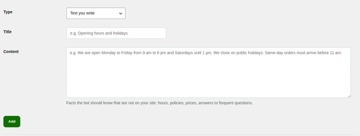 Add item: a text you write, or a web page or a whole site.