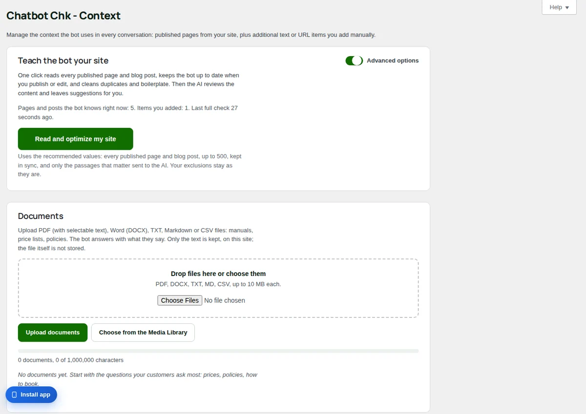 Context: what the bot learned from the site, and your documents.