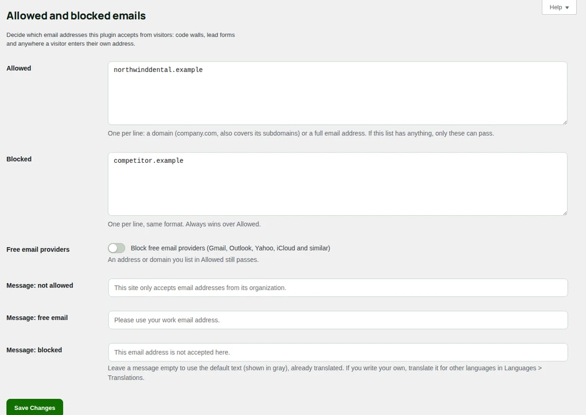 Allowed and blocked emails: the two lists, free providers and the messages.