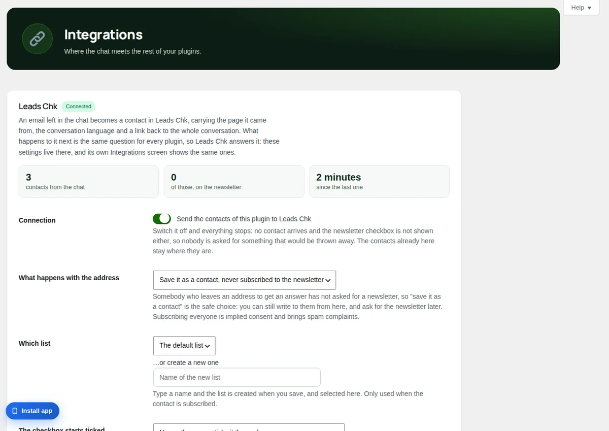 The Integrations screen: Leads Chk first, then Telegram and the other cards.