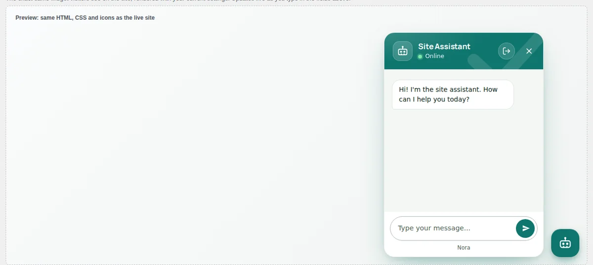 Live preview: the chat with your name, color and welcome message.