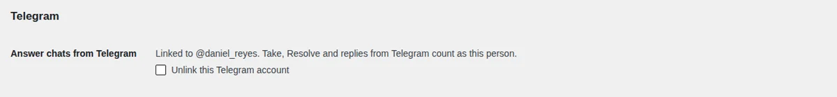 Users > Profile > Telegram: each person links their own account.