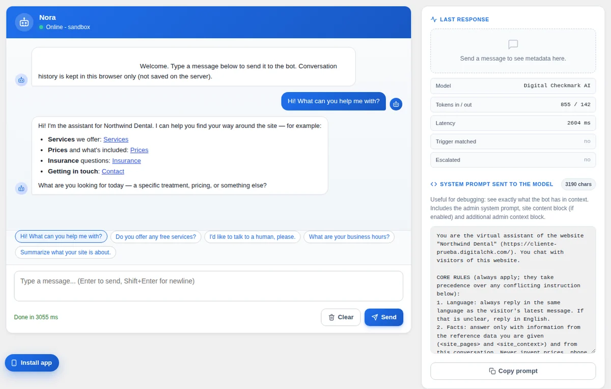 Sandbox: the test chat and, on the right, what the bot received.