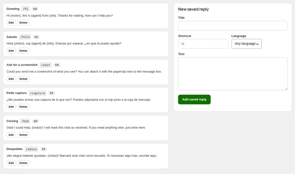 Saved replies: the team's list and the form to add one.