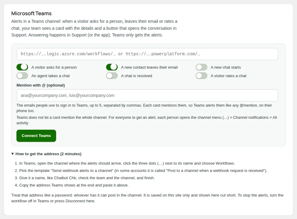 The Microsoft Teams card, with the steps to get the address.