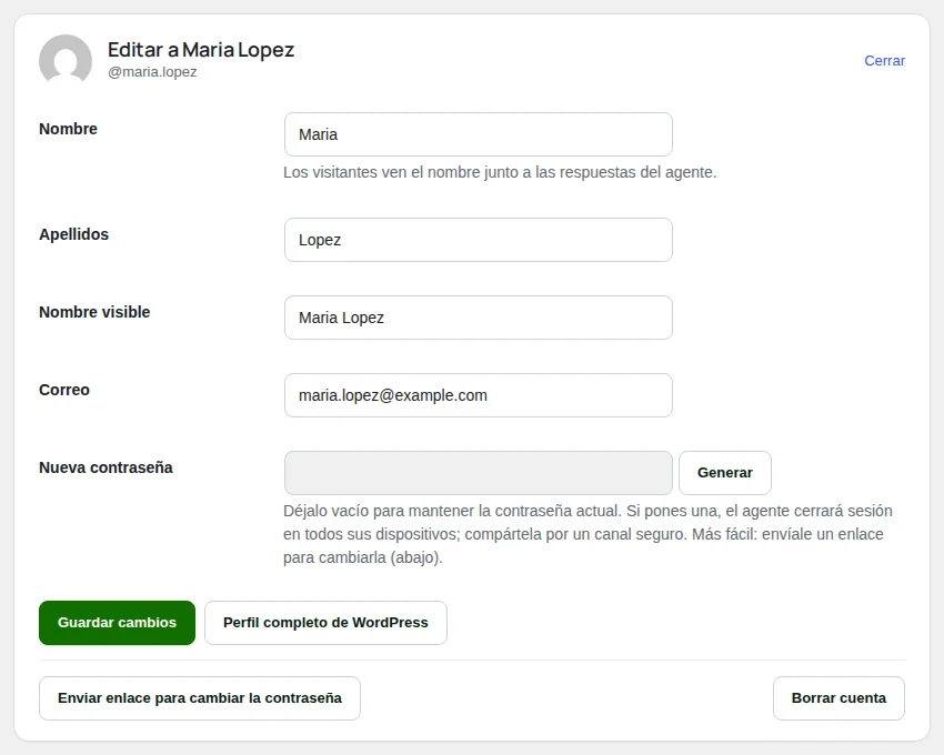La tarjeta para editar un agente.