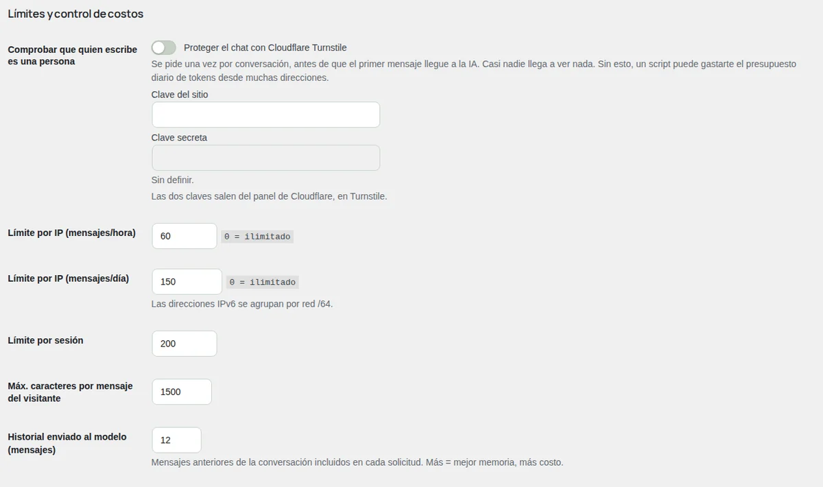Ajustes: Cloudflare Turnstile y los límites.