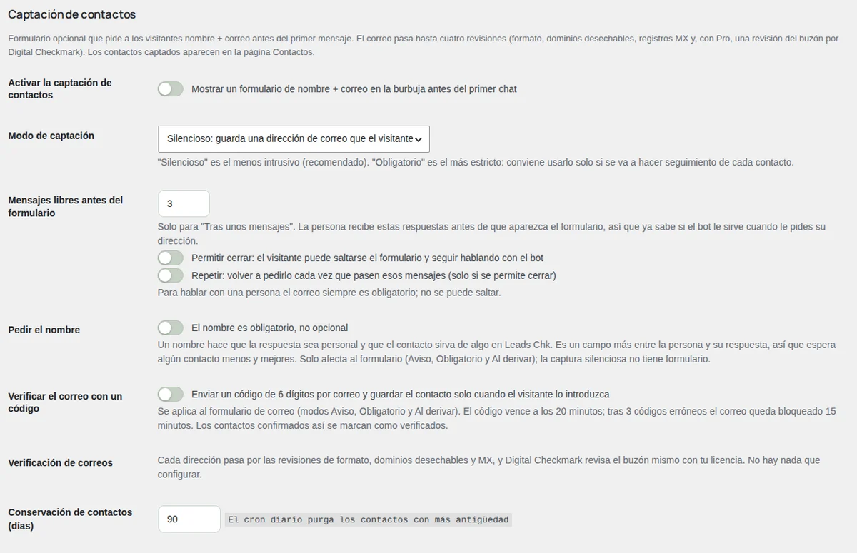 Ajustes: captación de contactos, con sus modos y opciones.