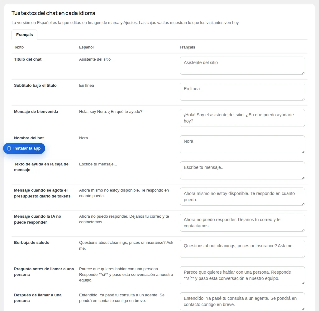 Tus textos del chat en cada idioma, con la versión principal junto a cada caja.