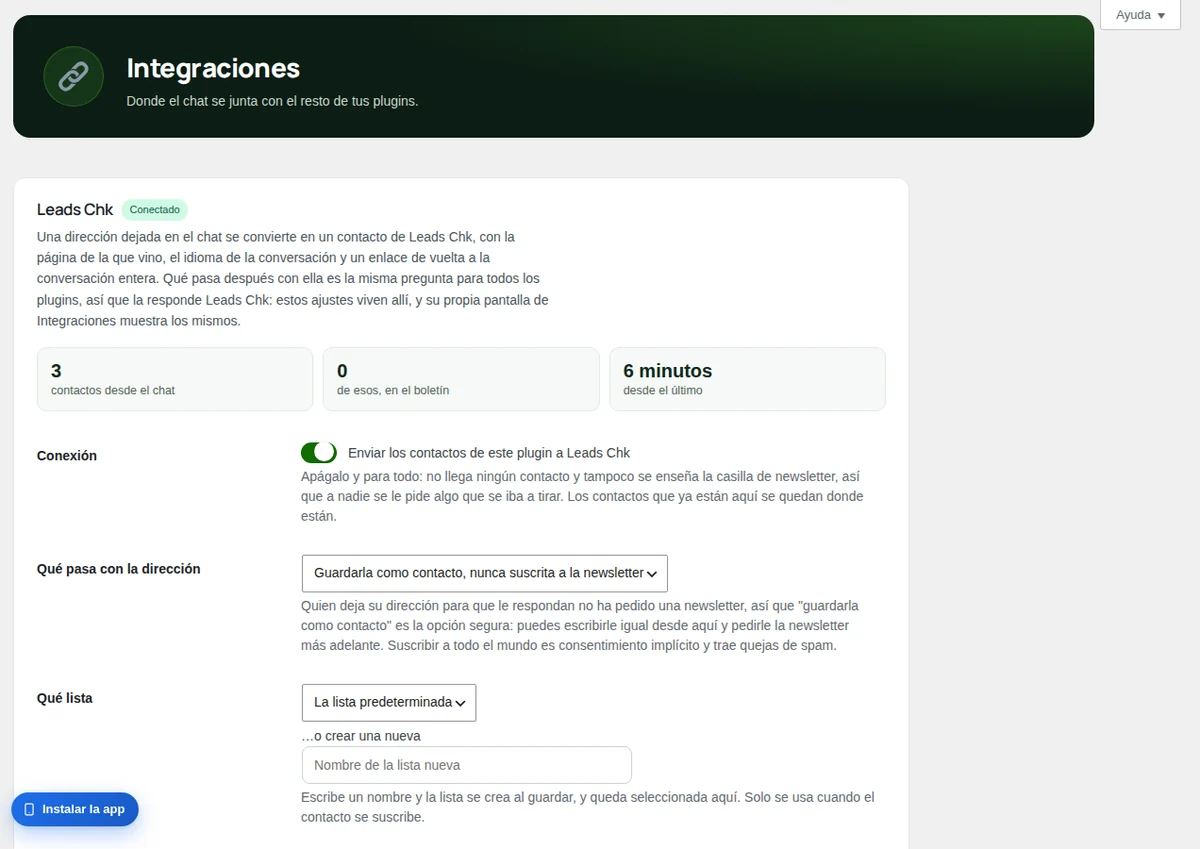 La pantalla Integraciones: primero Leads Chk, después Telegram y las demás tarjetas.