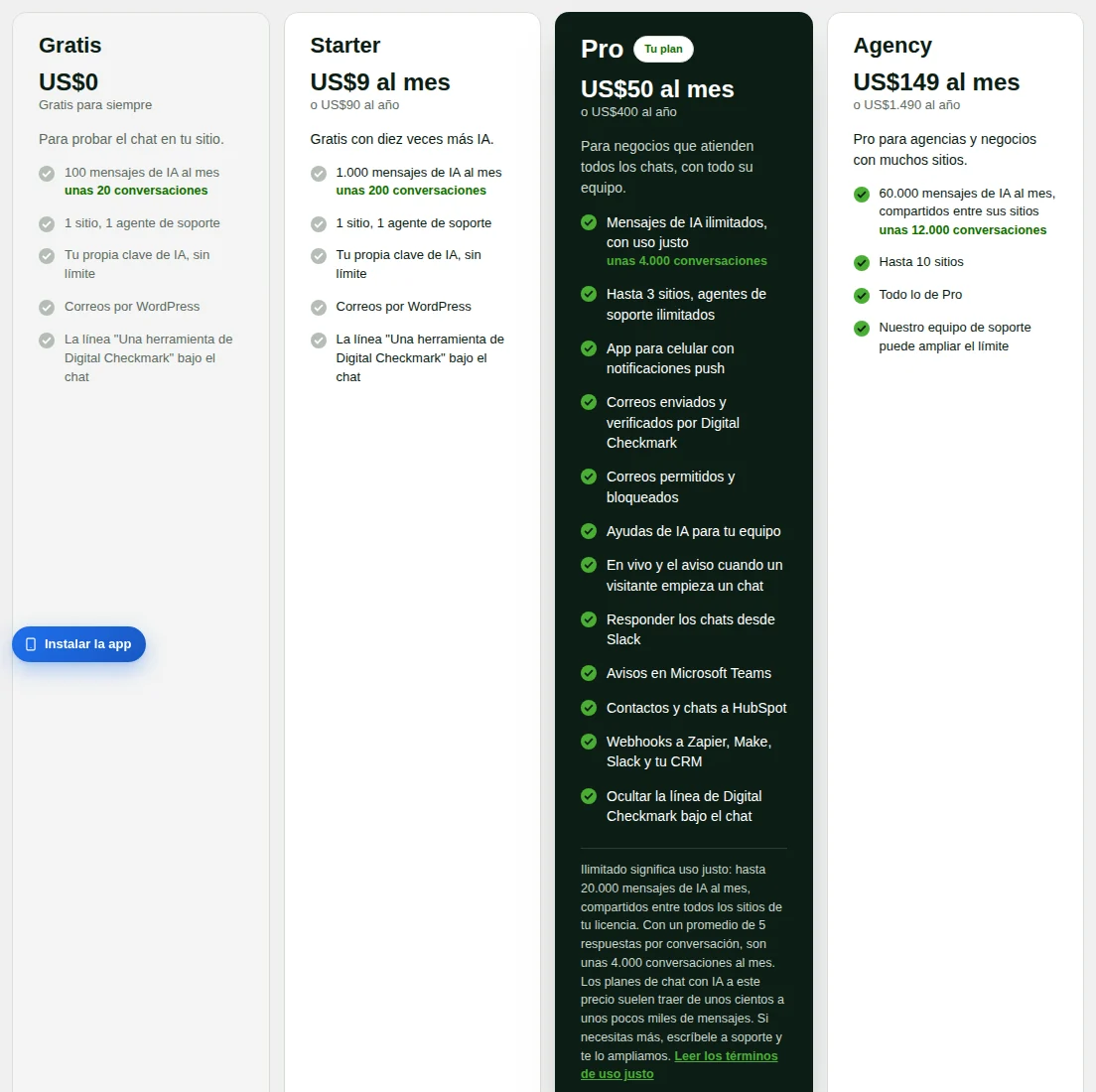 La pantalla Planes, con el plan de este sitio.