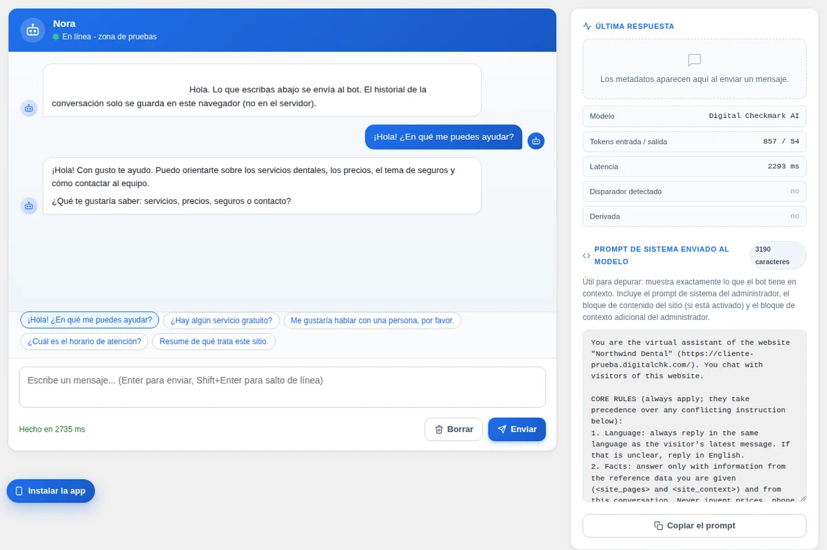Zona de pruebas: el chat de prueba y, a la derecha, lo que recibió el bot.