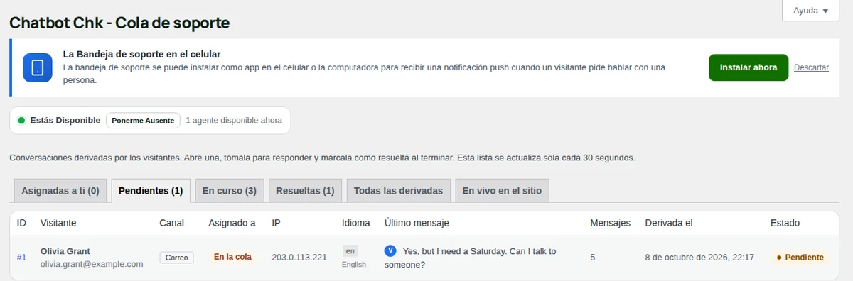 Soporte: los chats que esperan a una persona, con tu estado arriba.
