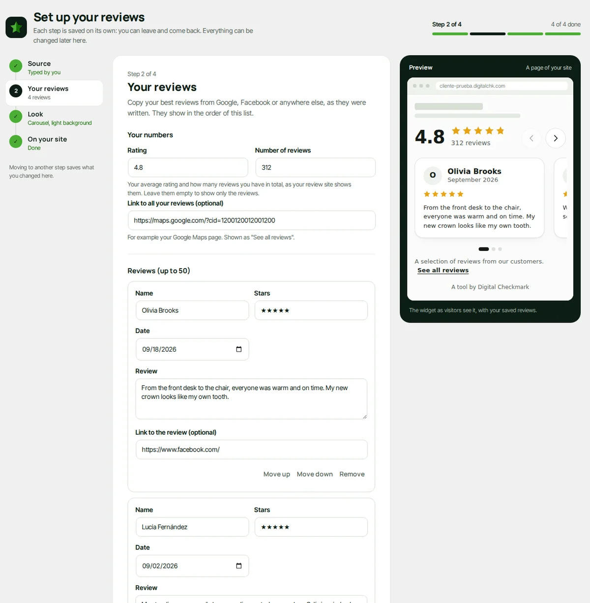 Step 2 with typed reviews: your numbers and one card per review.