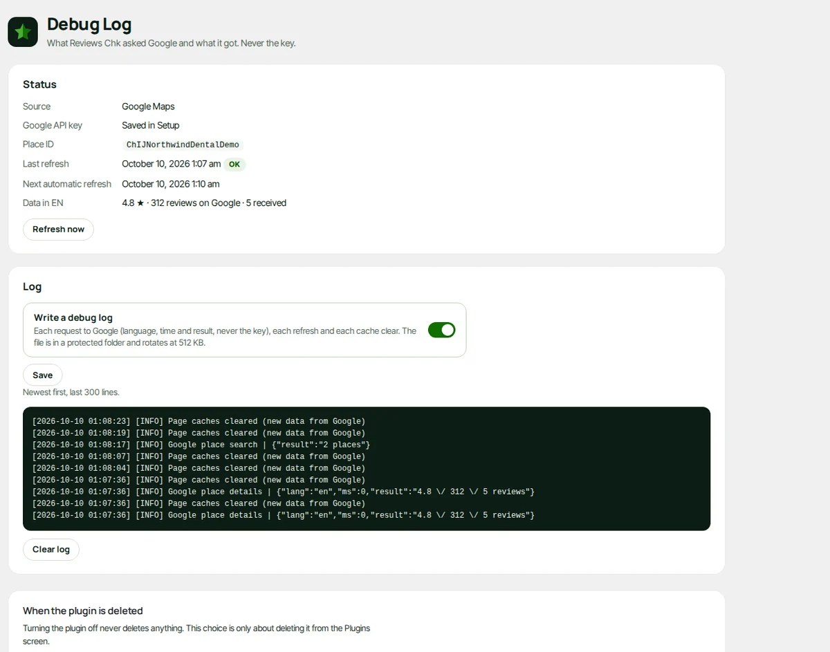 Debug Log: the status, the data received per language and the log.