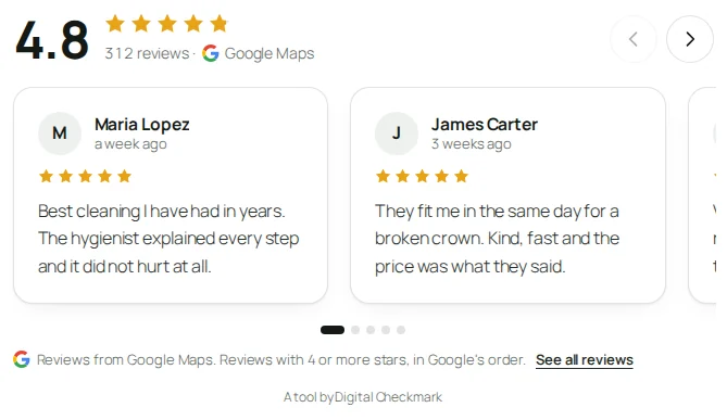 The carousel as a visitor sees it: the rating on top, the reviews, and what Google asks to show.