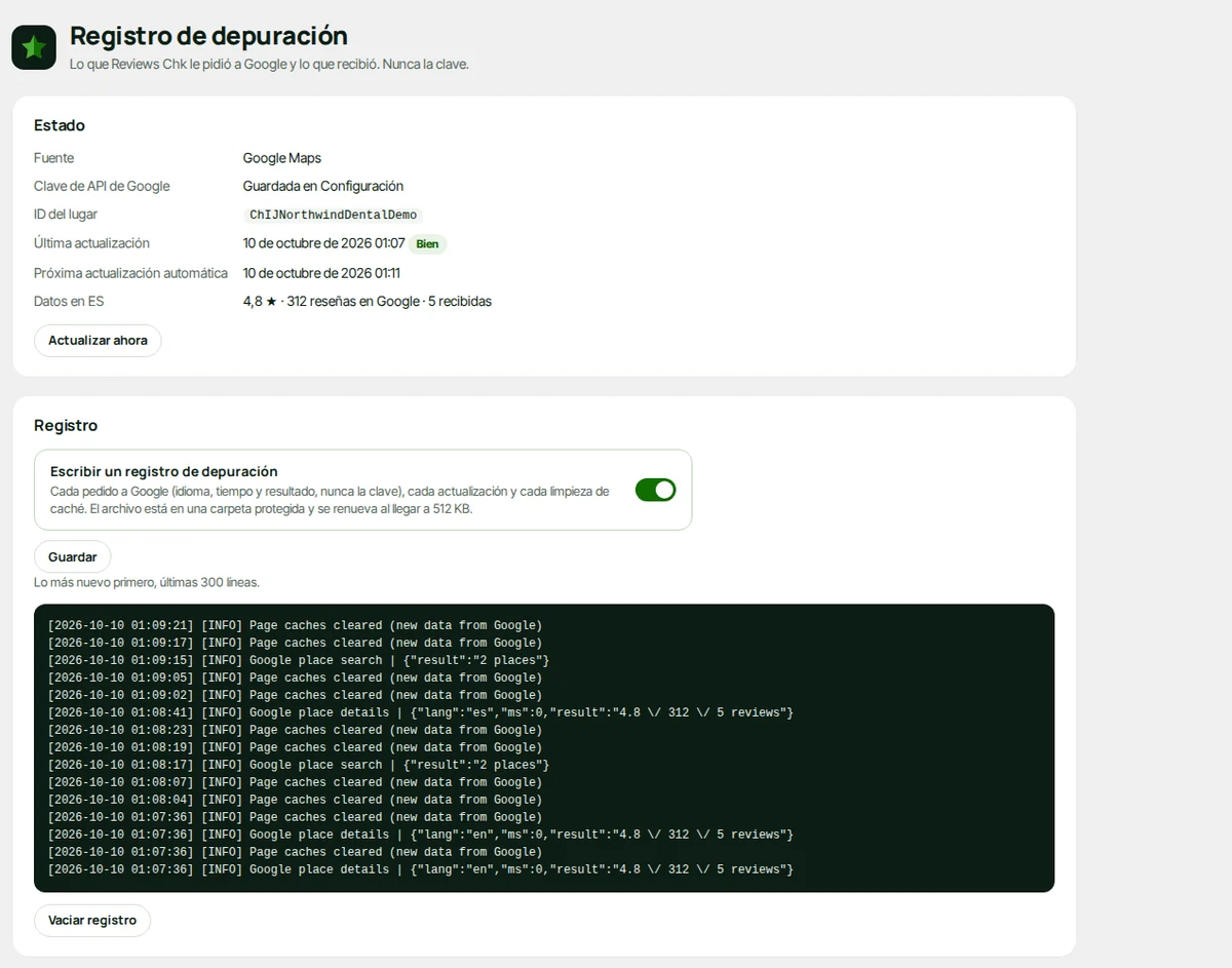 Registro de depuración: el estado, los datos recibidos por idioma y el registro.