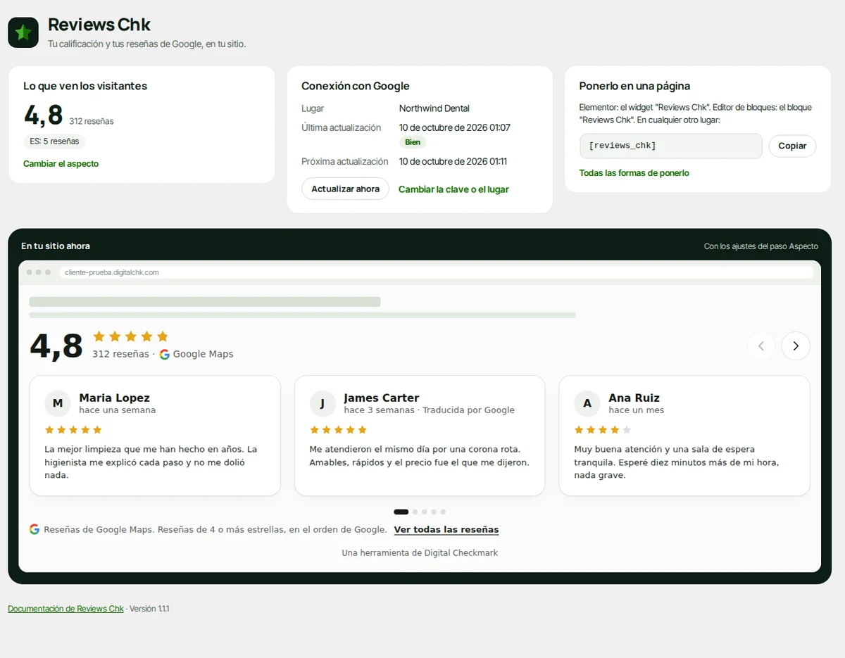 Resumen: el widget como lo ven los visitantes, la conexión con Google y cómo ponerlo.